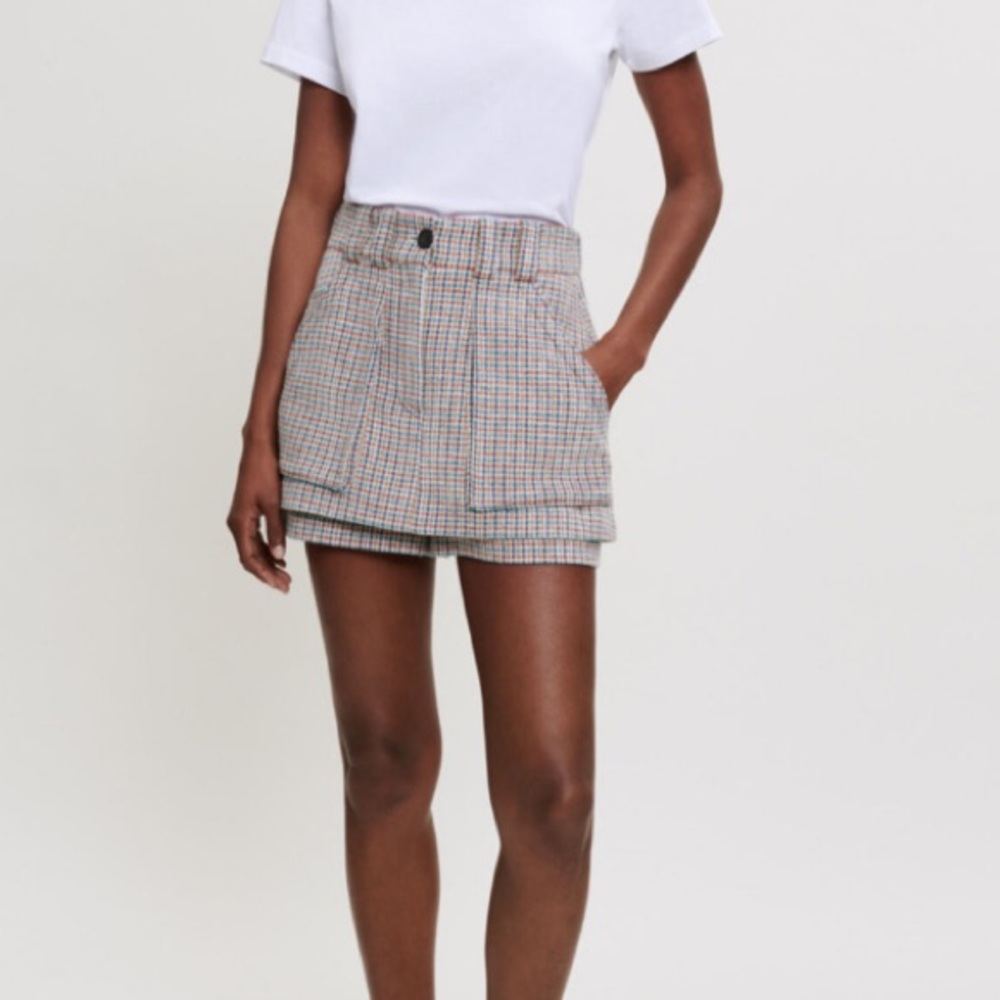 Maje Plaid Mini Shorts in Beige and Navy